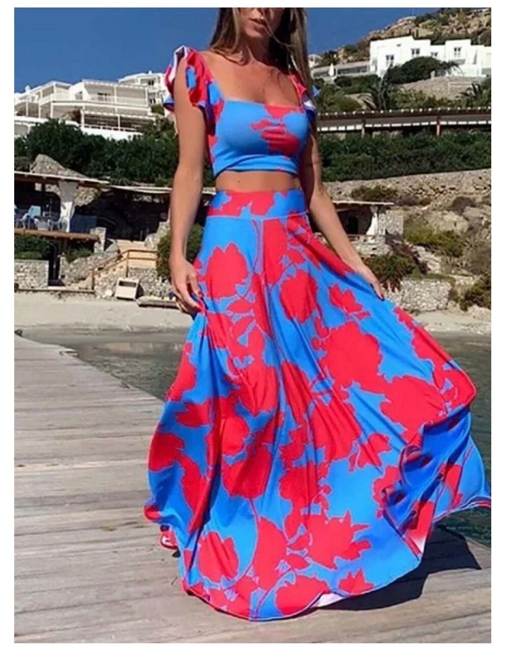 Vakkest Tropical Floral 2-Piece Ruffle Crop Top and Maxi Skirt Set Blue Red